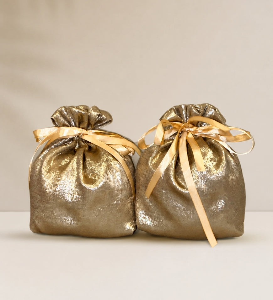 Metallic Gold Crepe Potli Bag with Satin Ribbon Closure