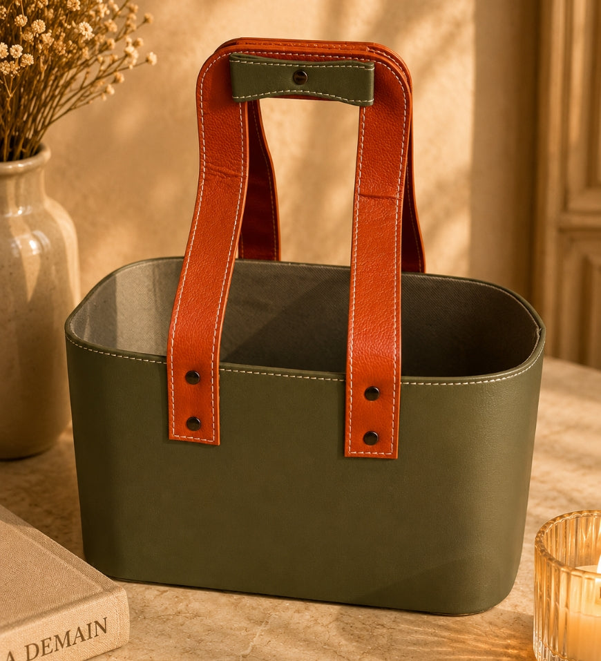 Green Leatherite Basket with Handle