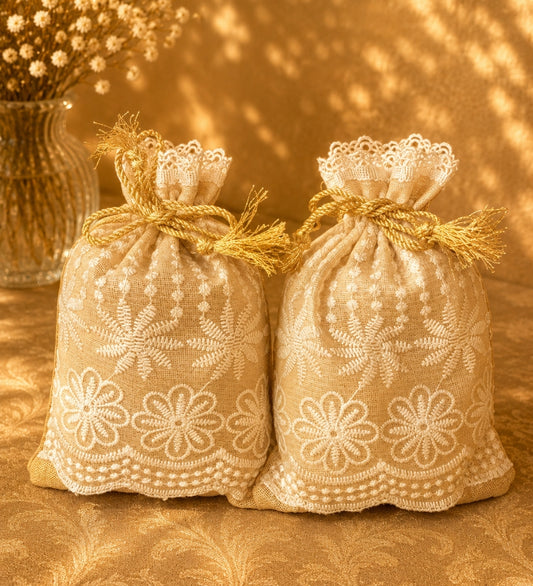 Floral Embroidered Jute Potli Bag
