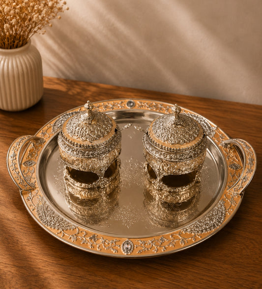 Enamelled Tray with 2 Jars