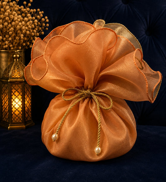 Peach Round Organza Potli Bag with Pearl Drawstrings