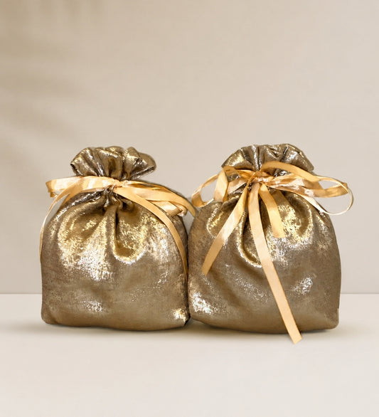 Metallic Gold Crepe Potli Bag with Satin Ribbon Closure