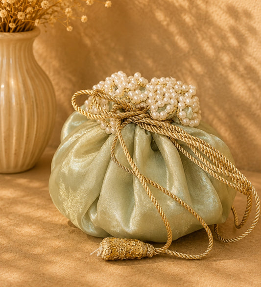 Pista Green Silk Round Potli Bag
