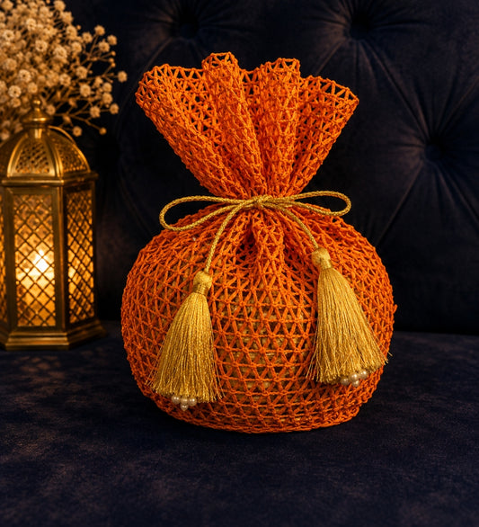 Raffia Orange Potli Bag